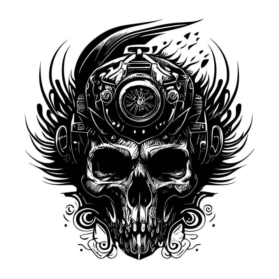 Motorcycle mechanic skull is a popular symbol in biker culture, representing a tough, gritty persona with a deep knowledge of motorcycle mechanics vector