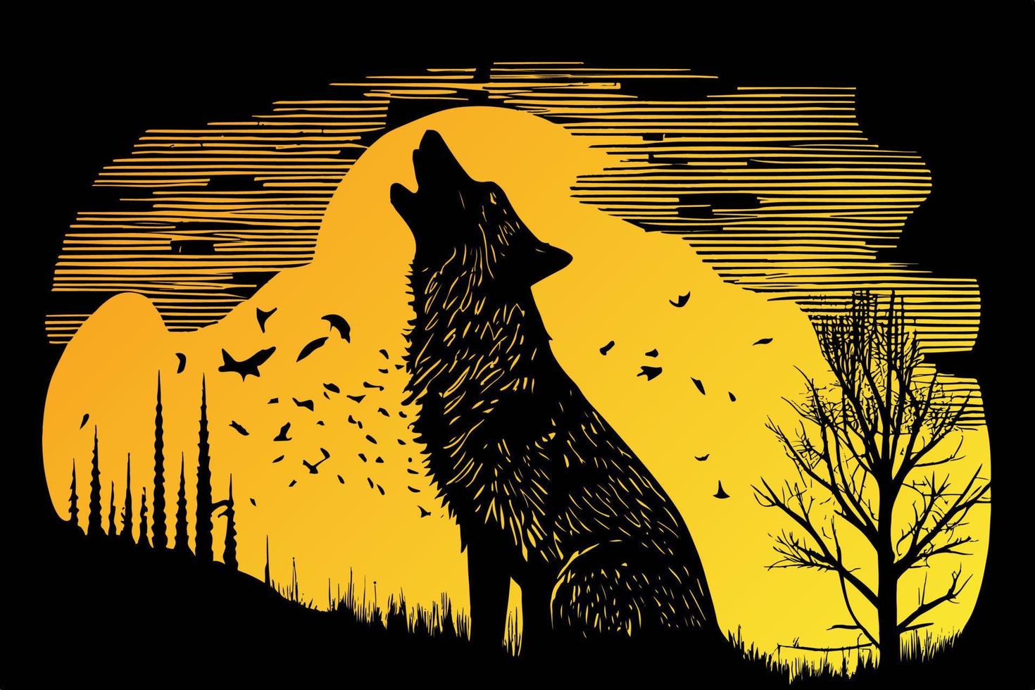 howling wolf illustration typically depicts a wolf with its head tilted up towards the moon, emitting a haunting and powerful howl. It symbolizes strength, loyalty, and wildness vector