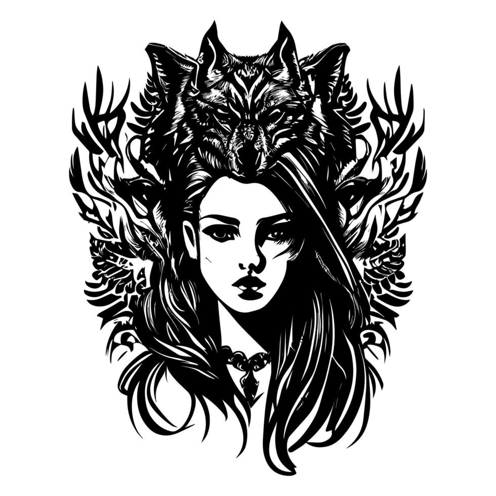 A wolf is a powerful predator, known for its fierce loyalty and intelligence. A beautiful girl is captivating, with her grace and charm leaving a lasting impression vector