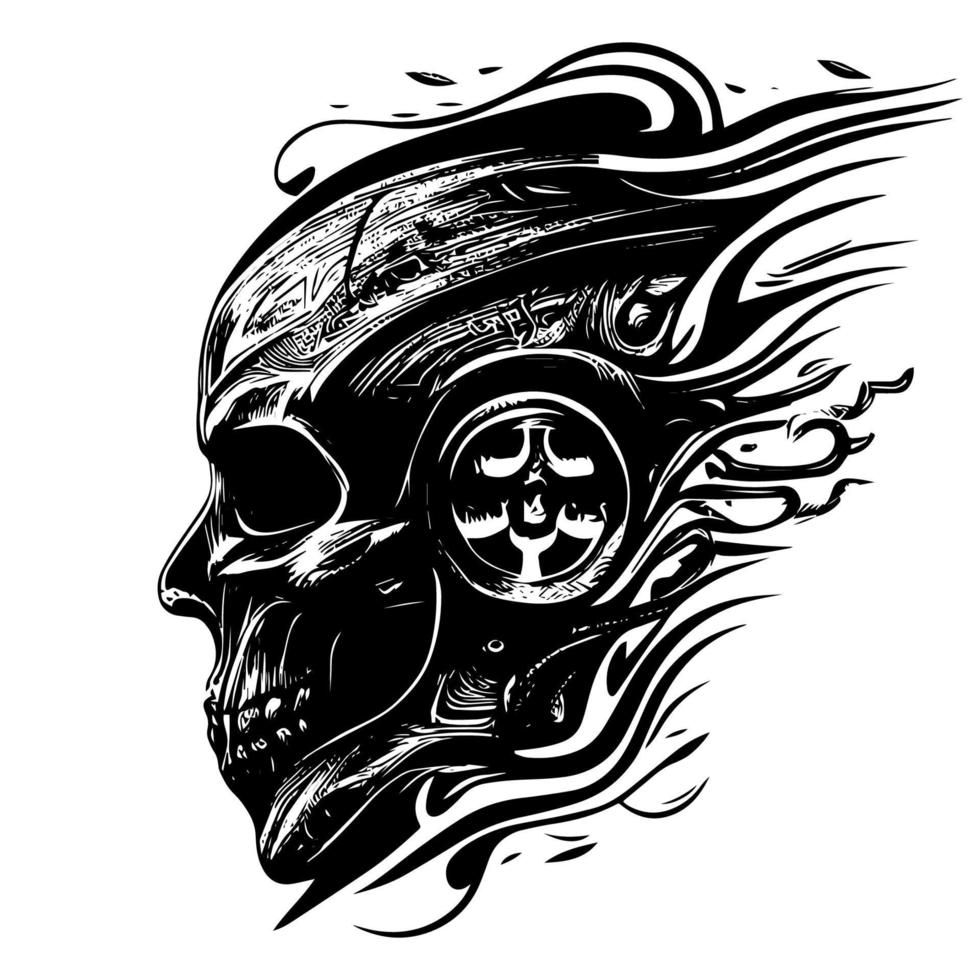 Motorcycle mechanic skull is a popular symbol in biker culture, representing a tough, gritty persona with a deep knowledge of motorcycle mechanics vector