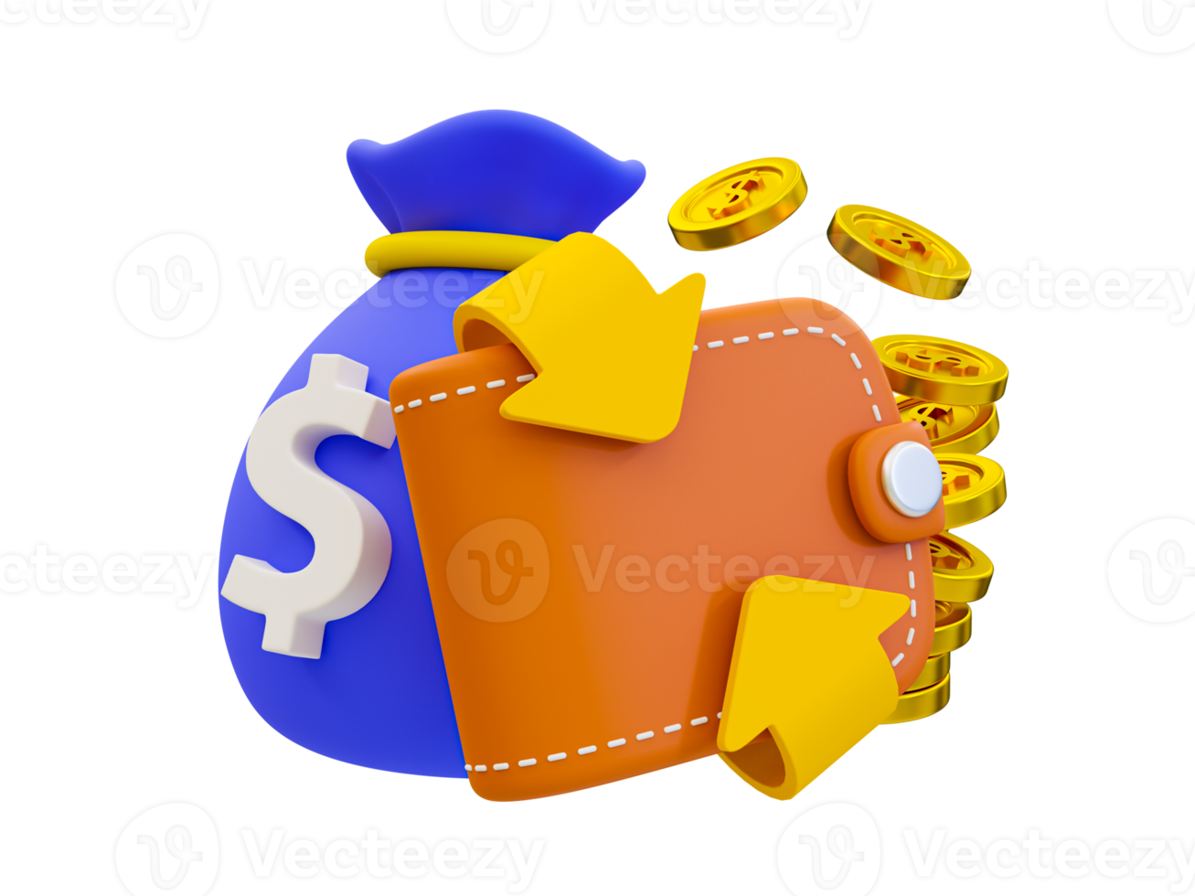 3d mínimo ahorro de dinero concepto. depositando dinero. coleccionar dinero para Jubilación. salario administración concepto. billetera con un dinero bolso y un pila de dinero. 3d ilustración. png