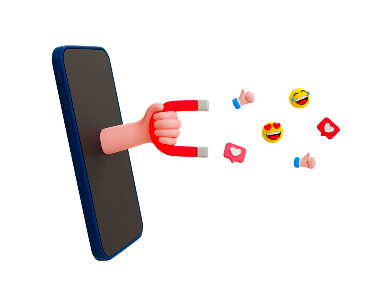 3d minimal Sozial Medien Marketing und verdienen. Influencer zeichnen Aufmerksamkeit. Inhalt geht viral. Hand von Smartphone anziehen Sozial Medien Beachtung Symbole. 3d Illustration. png