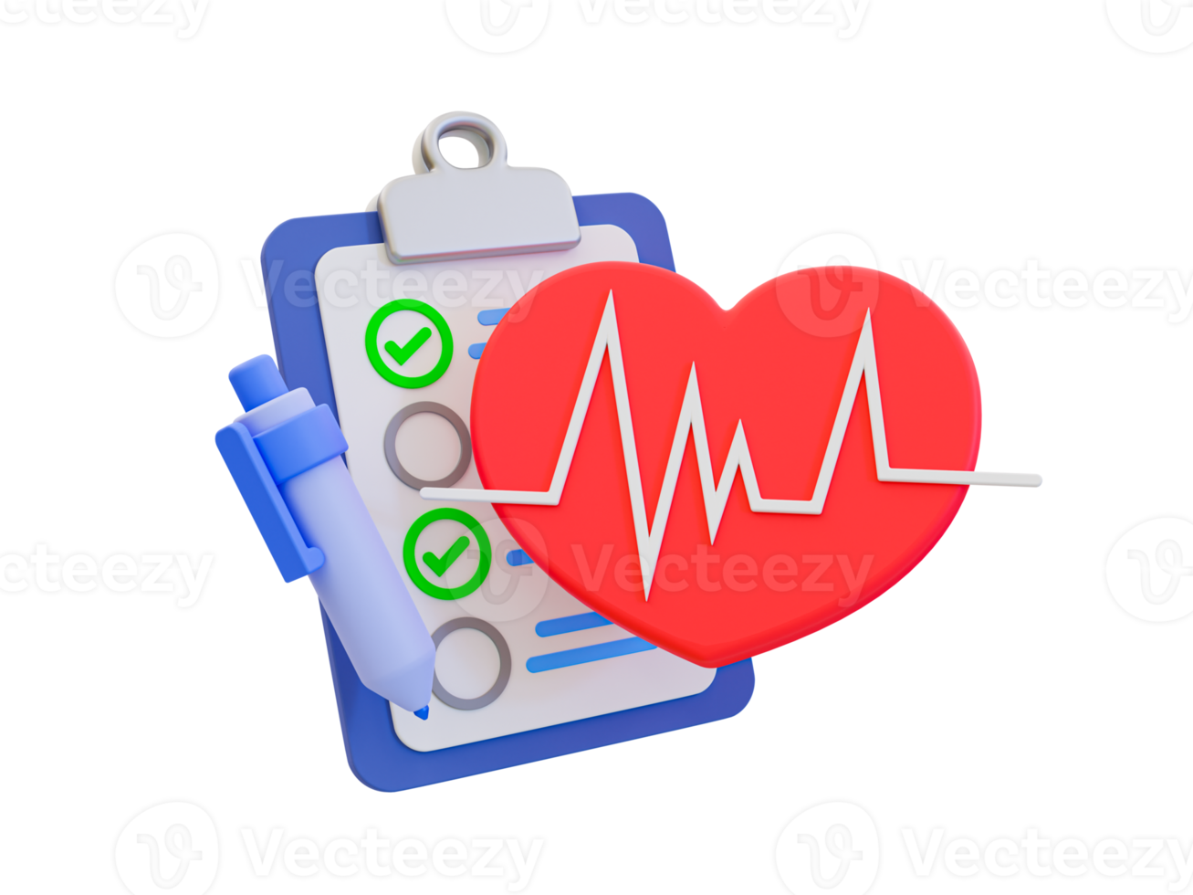 3d minimo annuale Salute dai un'occhiata concetto. Salute assicurazione concetto. lista di controllo appunti con un' cuore e cuore onda. 3d illustrazione. png