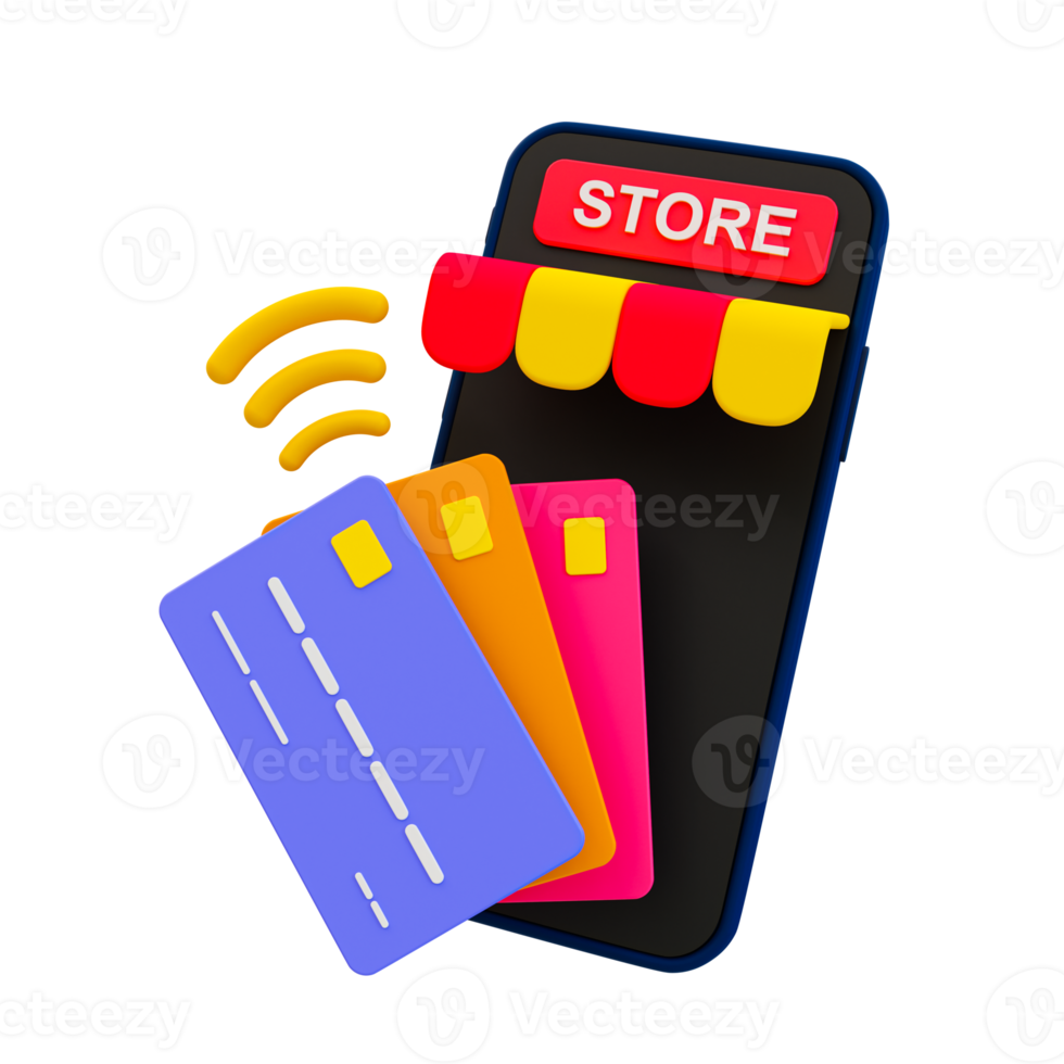 3d minimal online shopping concept. payment and checkout process. moneyless payment concept. storefront smartphone with credit cards. 3d rendering illustration. png