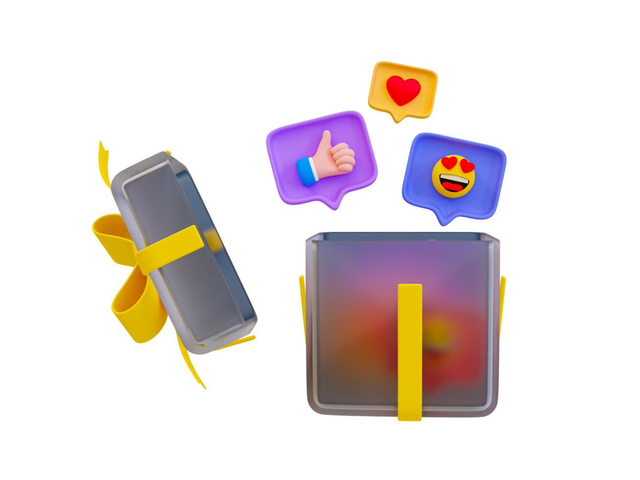 3d minimal Sozial Medien Ausdruck. Sozial Marketing Konzept. ein wolkig Spiegel Box mit ein Sozial Emoji Symbol. 3d Illustration. png