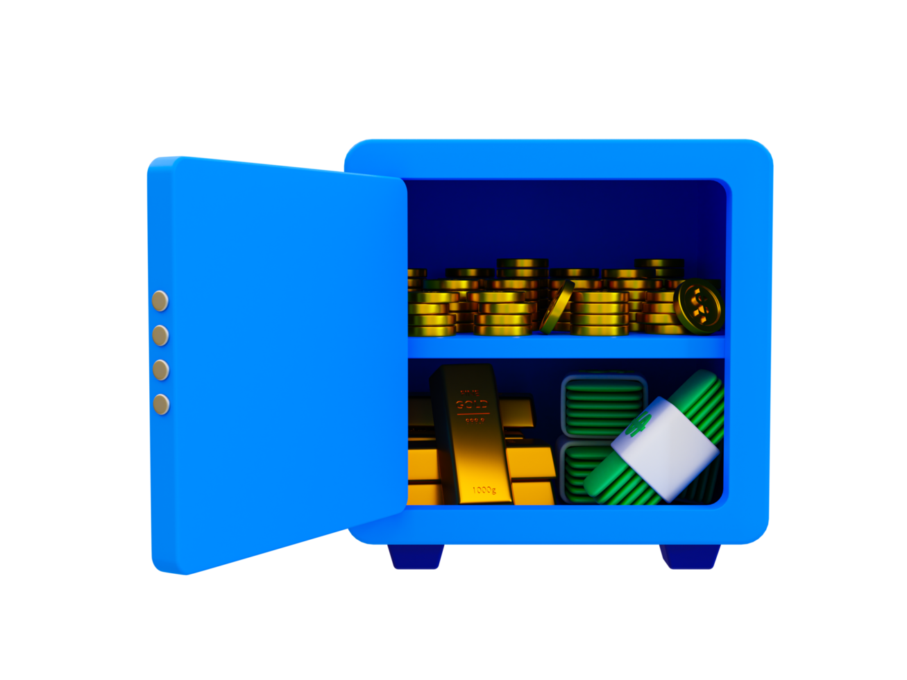 3d minimal money-saving concept. Storing money in the safe box. A pile of money, gold, and banknotes inside a safe box. 3d illustration. png