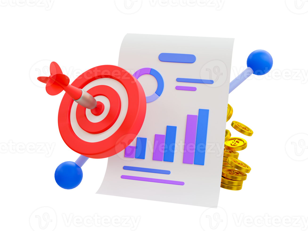 3d minimo finanziario analisi. finanziario obiettivo. investimento pianificazione. dati analisi concetto. un' statistico carta con un' mucchio di i soldi e bersaglio per freccette. 3d illustrazione. png