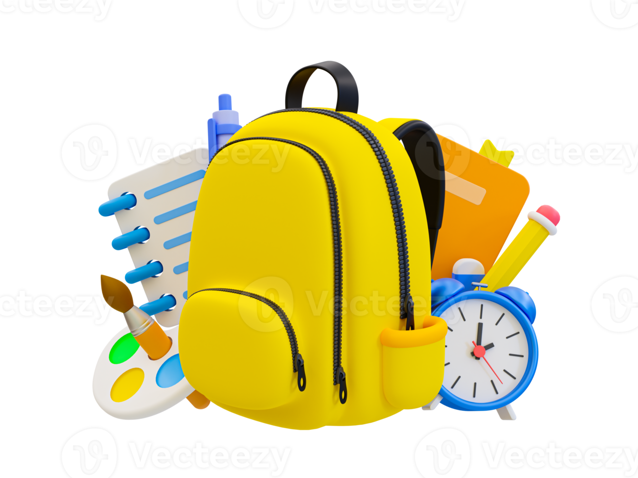 3d minimal back to school concept. Colleague elements. Classroom compositions. School bag with a palette, notepad, pen, book, pencil, eraser, and alarm clock. 3d illustration. png