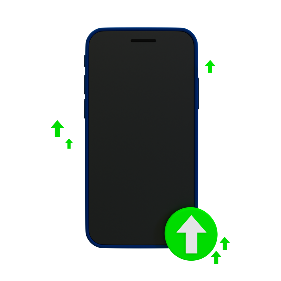 3d minimal Increased smartphone usage. popular content. Content trending in social media. Blank Smartphone screen with a green rising arrow. 3d illustration. png