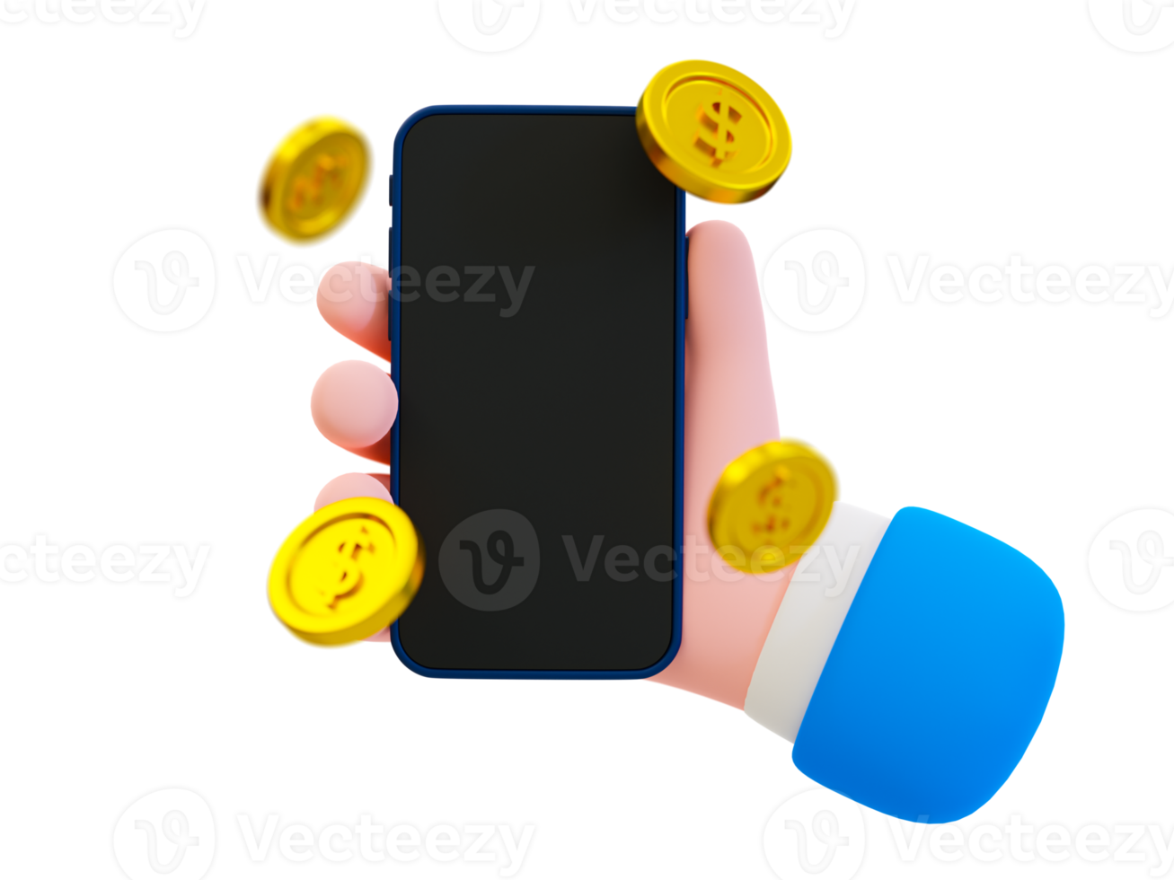 3d minimal financial concept. empty smartphone screen mockup for banner or brand logo. Marketing strategy. Hand holding blank smartphone display template with coins around. 3d illustration. png