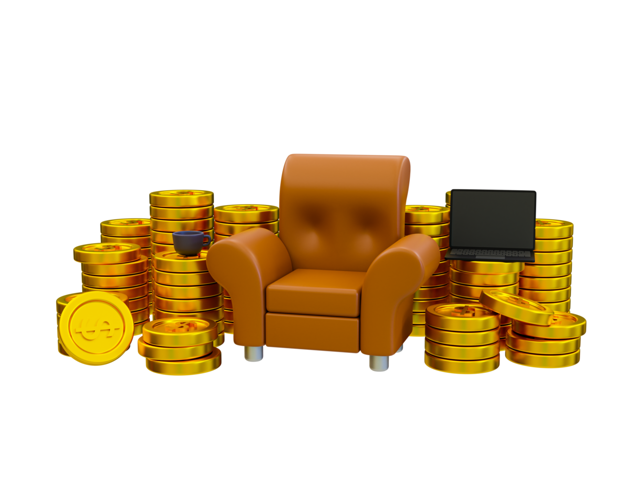 3d minimal financial planning.  Futuristic investment. money investment planning. Marketing success plan. Couch with a pile of money. 3d illustration. png