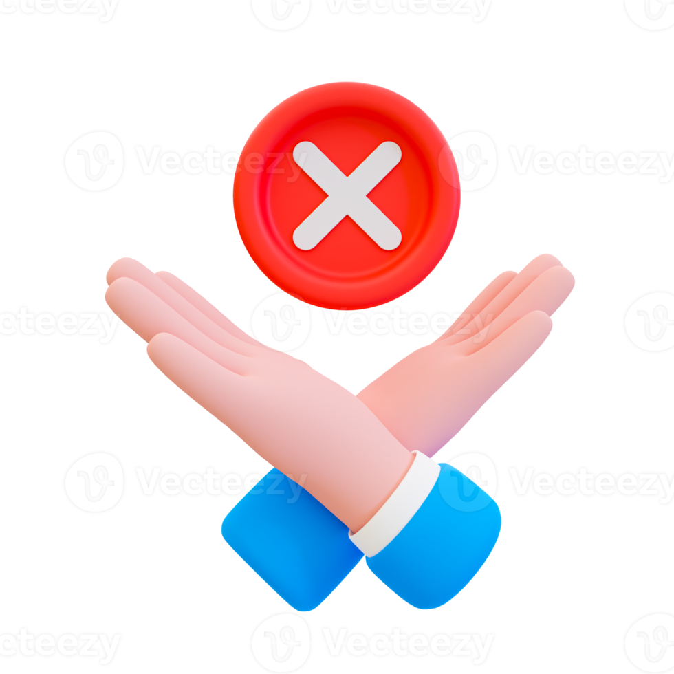 3d minimal Red wrong mark. cancel icon. rejected, disapproved, no, False, not Ok, wrong Choices. Cartoon hand with a red cross symbol. 3d illustration. png