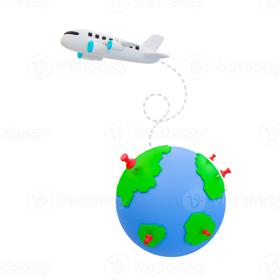 3d mínimo feriado viagem viagem. verão período de férias viagem. relaxamento Tempo conceito. viagem ou turismo conceito. uma globo com a avião vôo. 3d ilustração. png