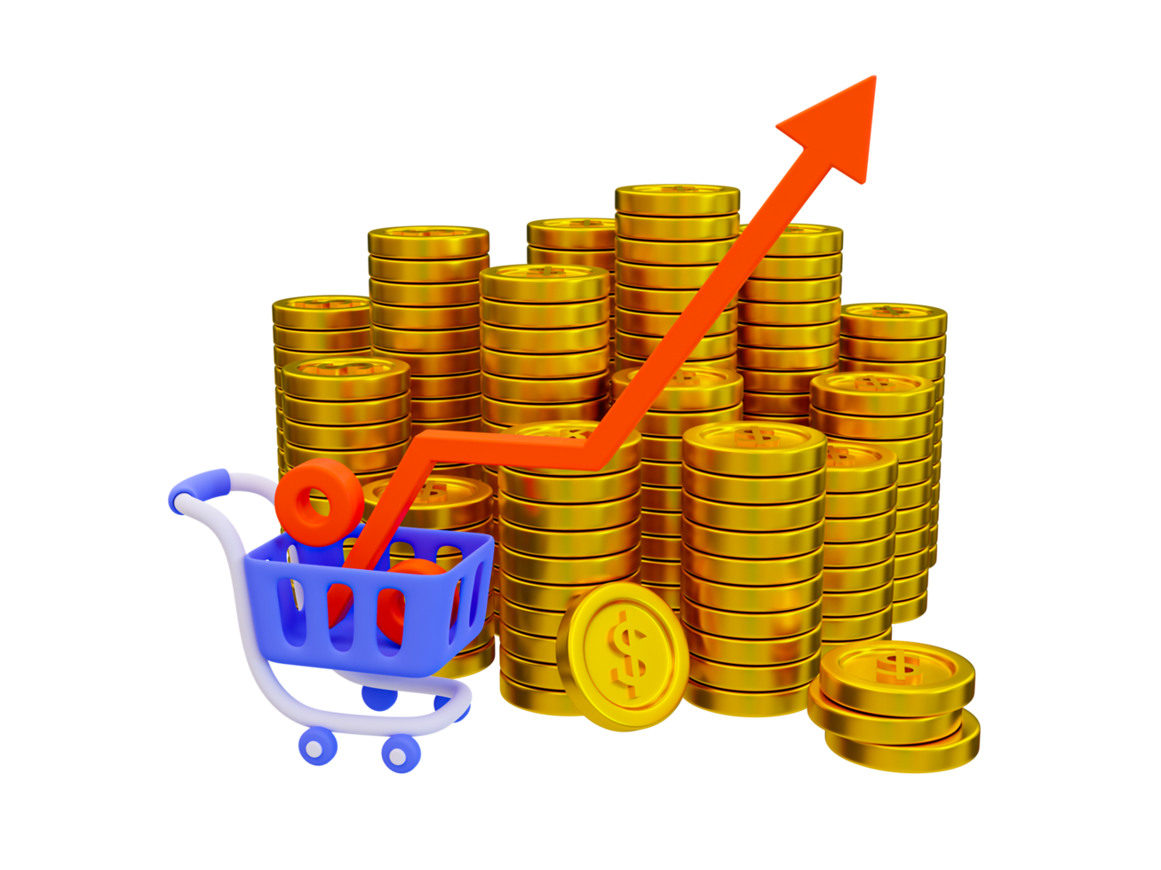 3d minimal The currency is skyrocketing. soaring finances. higher interest rates. Strengthening currency. A red arrow rises on a shopping cart with a pile of money. 3d illustration. png