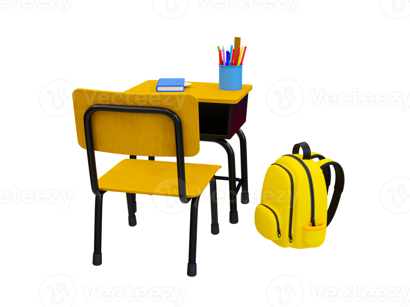 3d minimal retour à école concept. salle de cours compositions. collègue table avec une école sac. 3d le rendu illustration. png