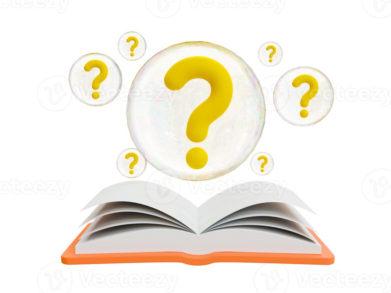 3d minimal questioning concept. Innovation and new ideas. Problem-solving concept. Self-taught concept. A opened book with a question marks icon floating in bubbles. 3d rendering illustration. png