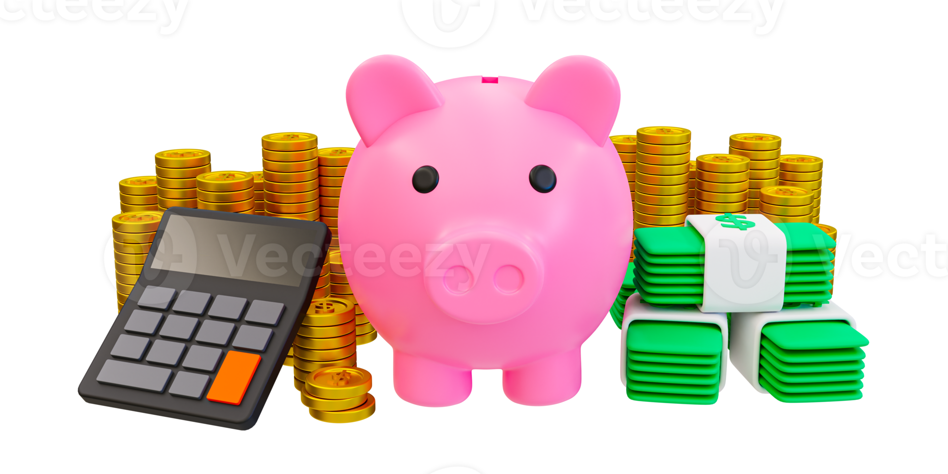 3d minimal money-saving concept. saving money for finance accounting. financial growth concept. Saving money for future investments. piggy bank with a calculator and a pile of money. 3d illustration. png