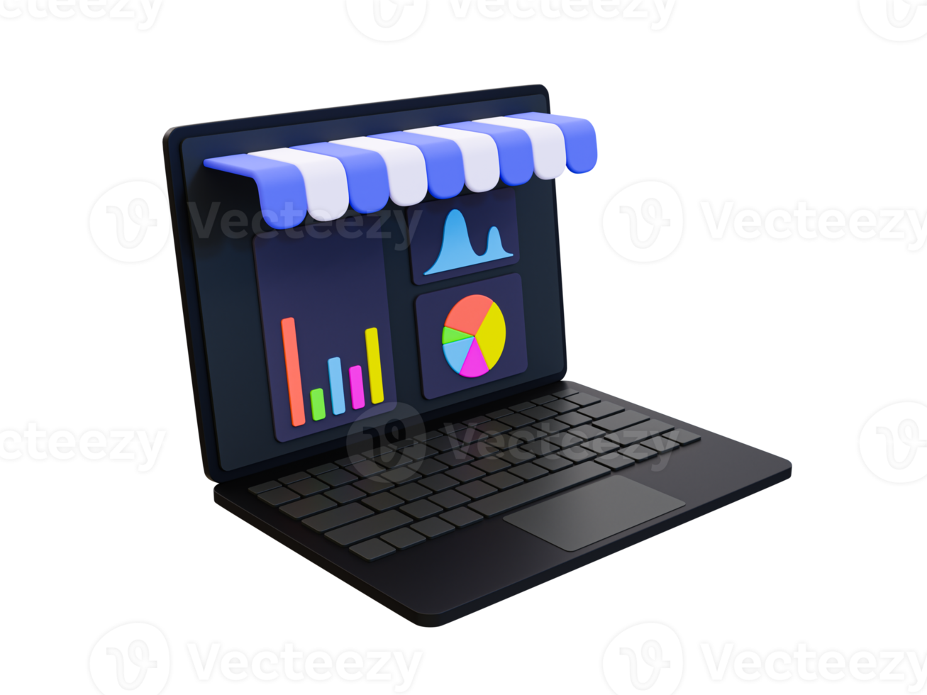 3d mínimo márketing estrategia. negocio estadística. cliente investigación concepto. mercado investigación. ordenador portátil con un datos estadística gráfico.3d ilustración. png