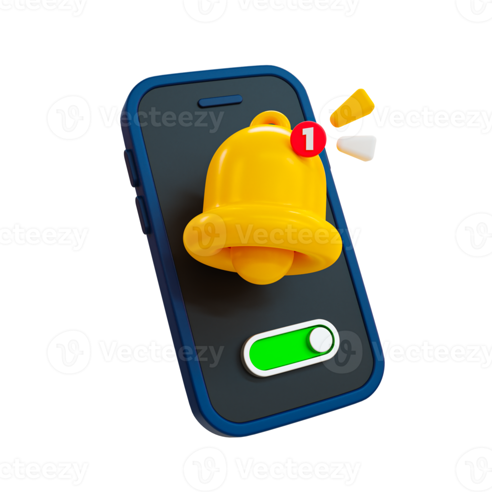 3d minimal turn-on notification concept. New update reminder. New notification alert. Smartphone with a bell icon and switch toggle button. 3d illustration. png