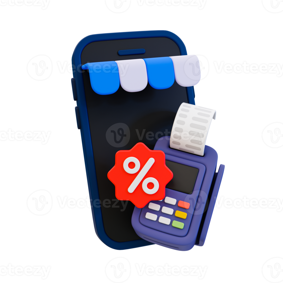 3d minimal Special discount offer icon. Flash sale. Special big sale offer. Storefront smartphone with a pos terminal machine and sale tag. 3d illustration. png