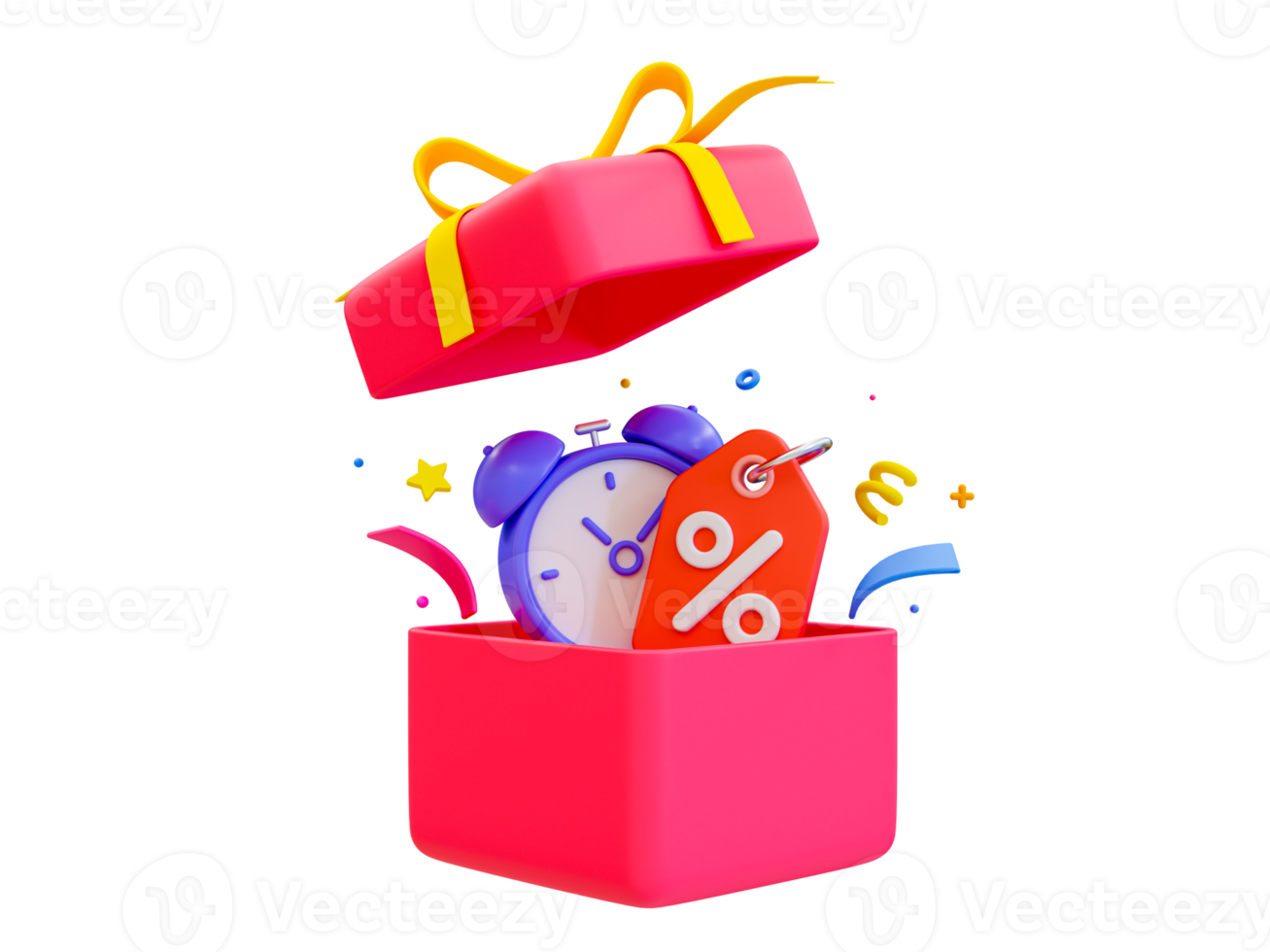3d minimal Special discount offer icon. Flash sale. Special big sale offer. gift box with an alarm clock and discount tag. 3d illustration. png