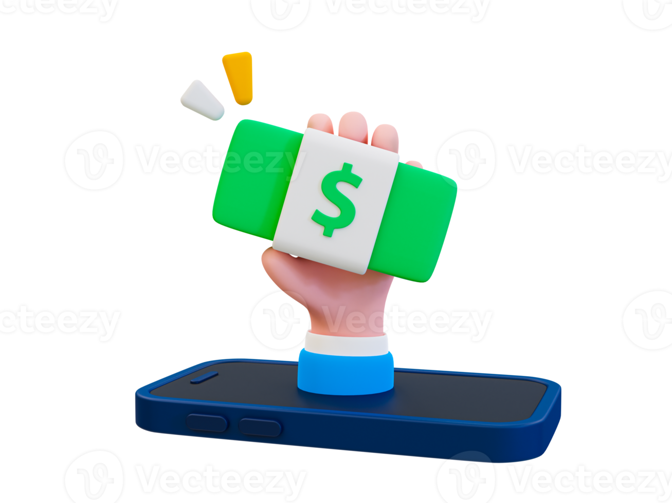 3d online money loan. online transaction. getting money fast concept. Online earning. hand holding a bunch of banknotes coming out from smartphone. 3d illustration. png