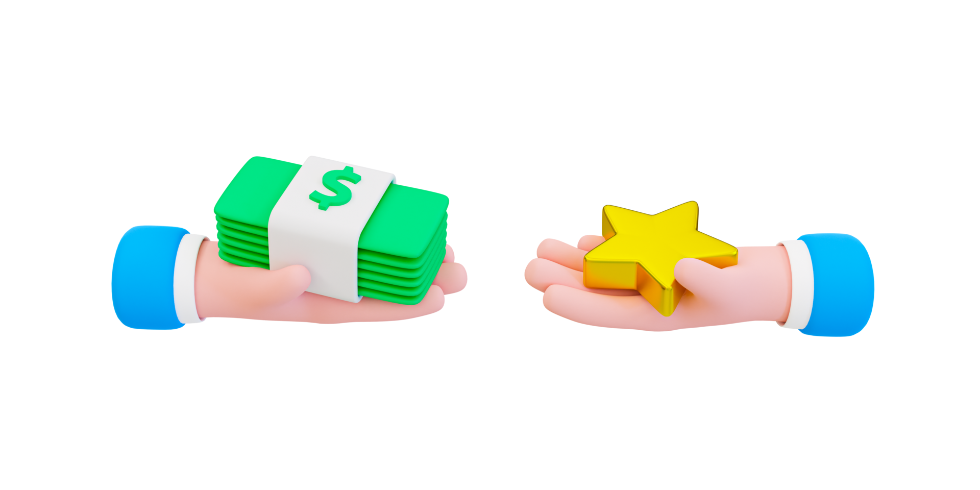 3d mínimo soborno y corrupción concepto. recepción un venalidad soborno dinero. cliente satisfacción. mano participación billetes y mano participación un estrella. 3d ilustración. png