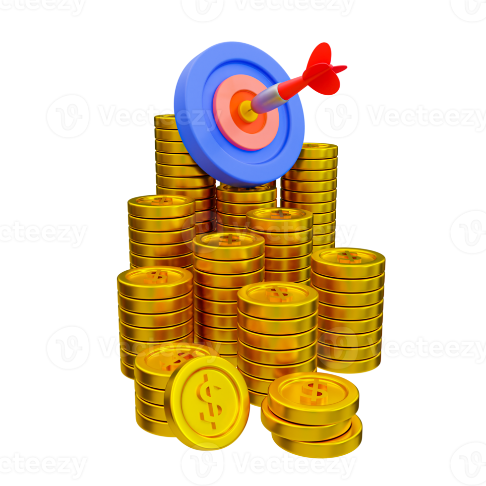 3d minimal financial target goal concept. strategy achievement. achieved the goal. wealth planning strategy concept. A dartboard with a pile of coins. 3d illustration. png
