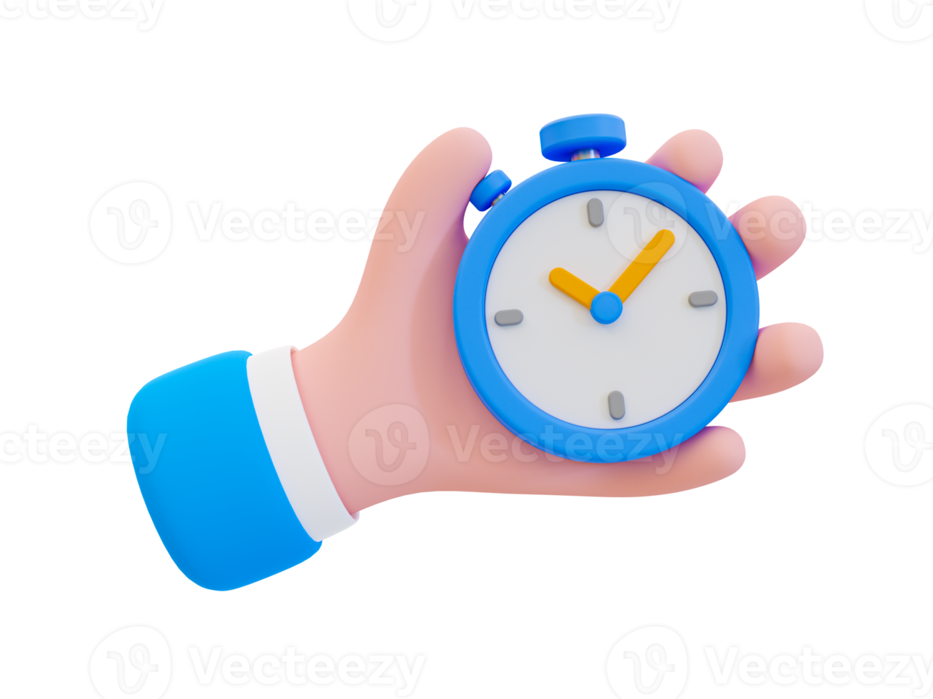 3d minimaal tijd van wedstrijd concept. stormloop uur. weten de waarde van tijd. tijd verspild alertheid. hand- Holding een stopwatch. 3d illustratie. png