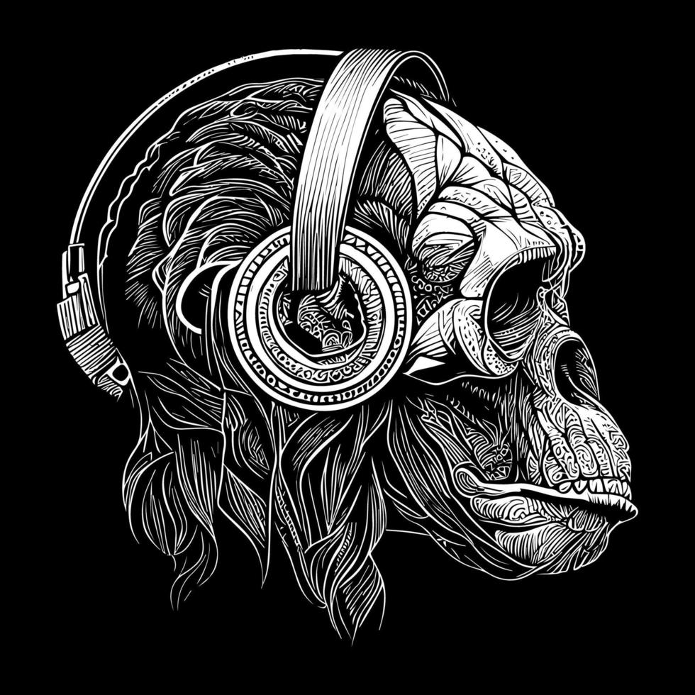 A gorilla wearing headphones is lost in a world of music, nodding its head to the beat. Despite its imposing size, the gorilla looks peaceful vector