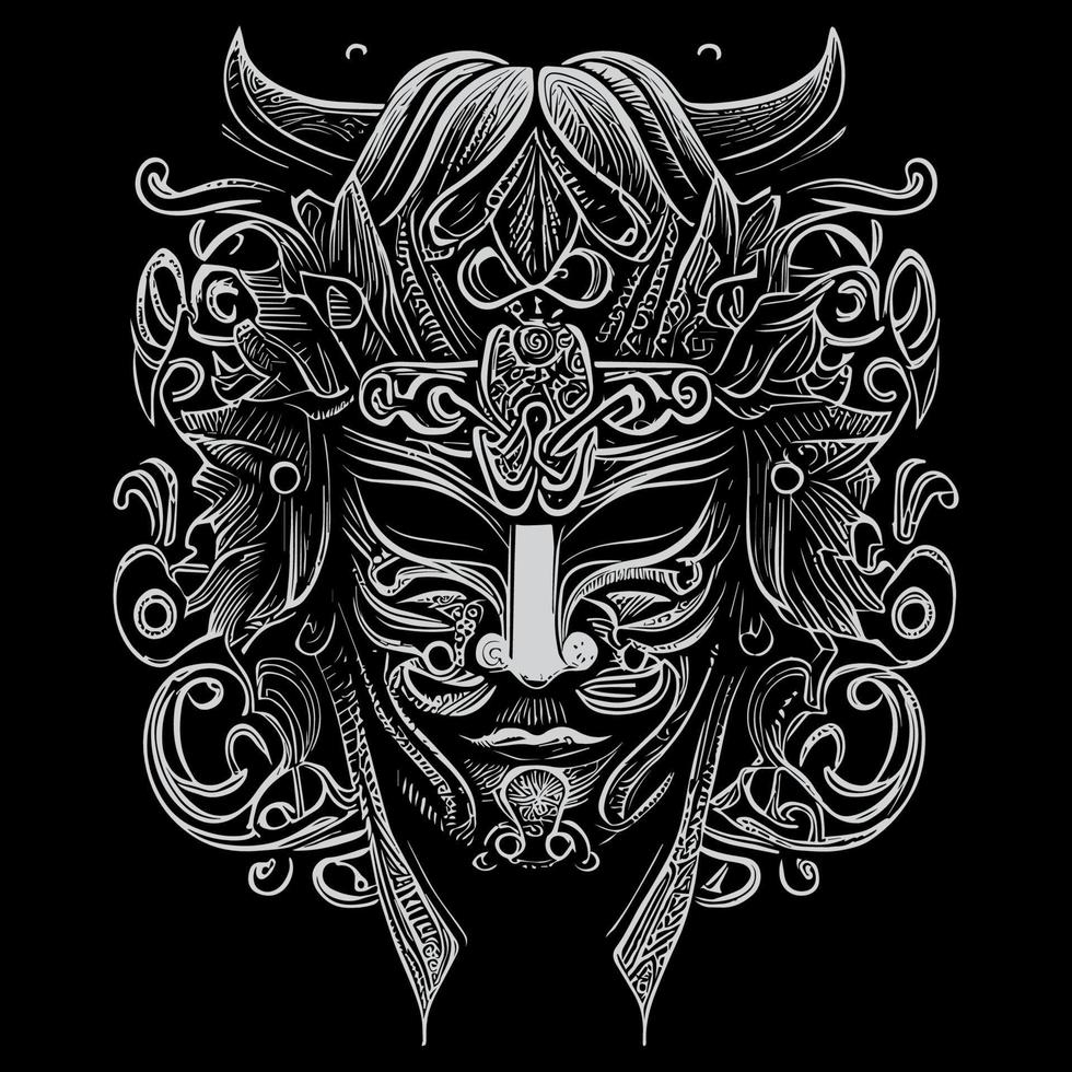 Japanese samurai mask or menpo, was a crucial piece of armor worn by samurai warriors. Made of metal or leather vector