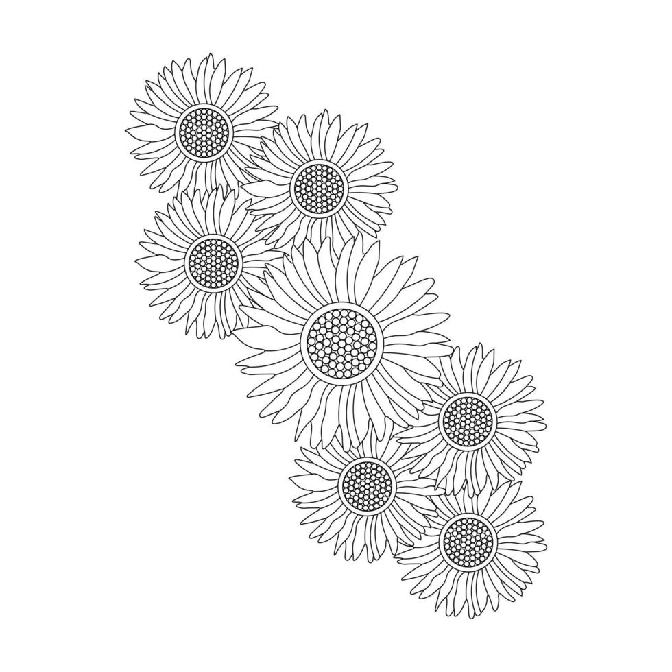 Sunflower Coloring Page And Book Hand Drawn Line Art Vector