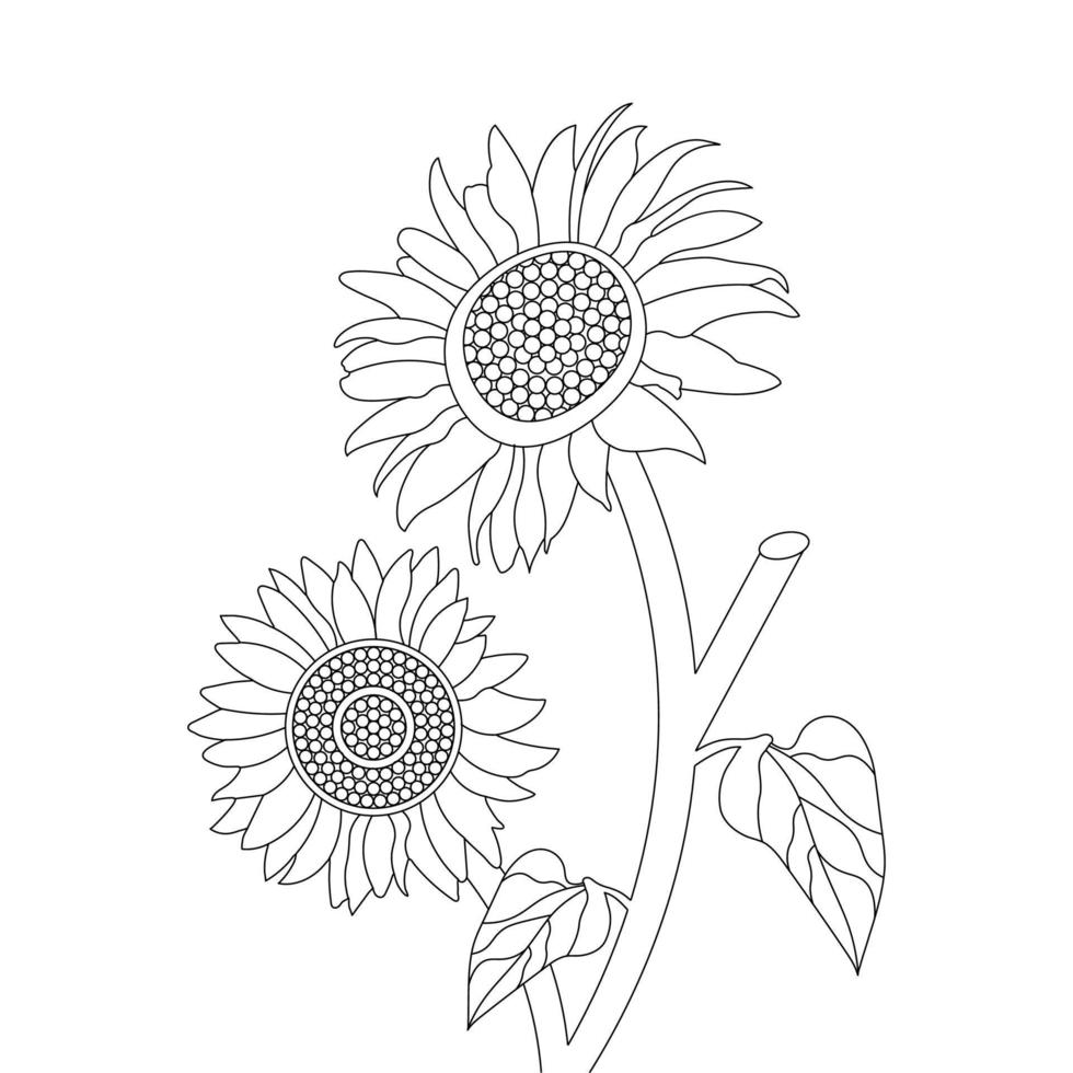 Sunflower Coloring Page And Book Hand Drawn Line Art Vector