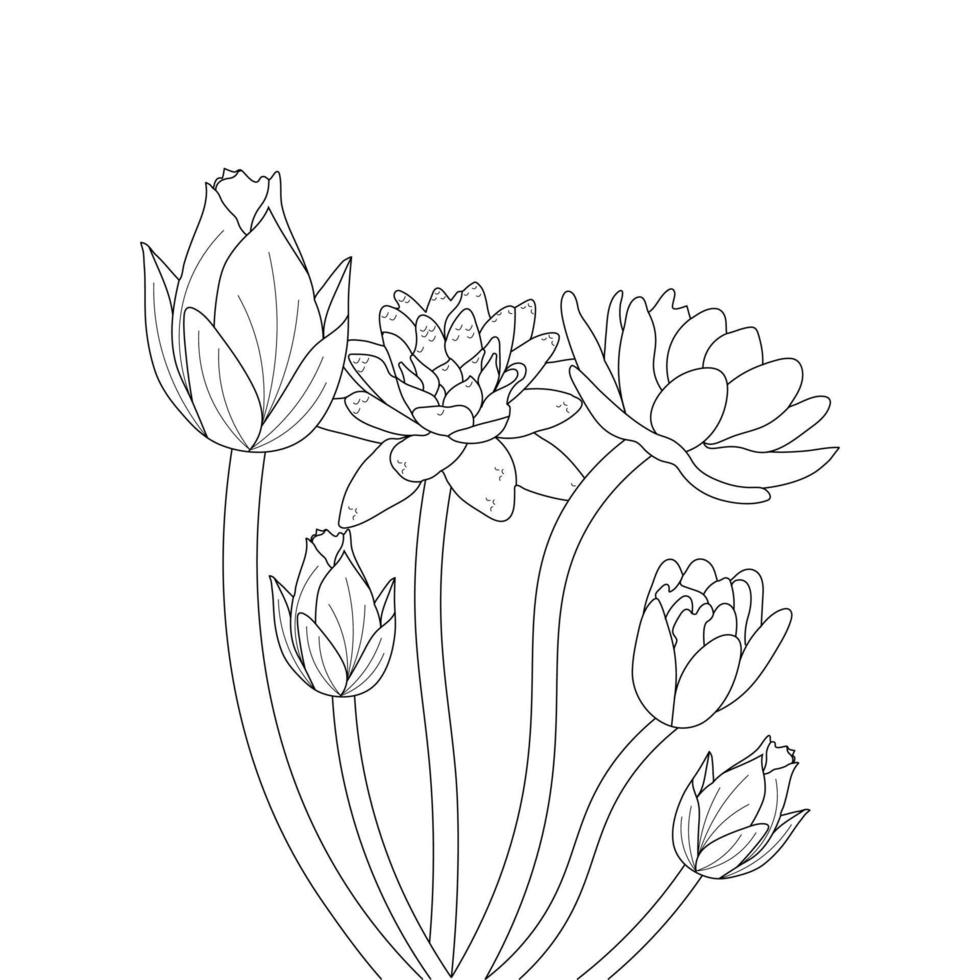 agua lirio flor colorante página y libro loto mano dibujado línea Arte vector