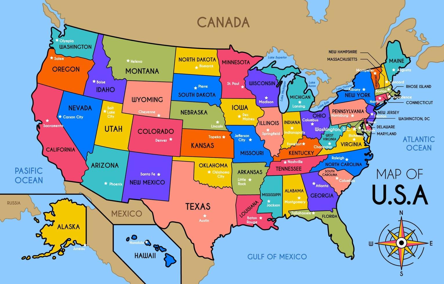 colorido mapa de estados unidos vector