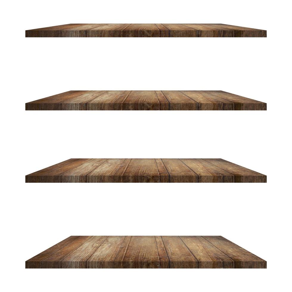4 Wood shelves table isolated on white background and display montage for product. photo