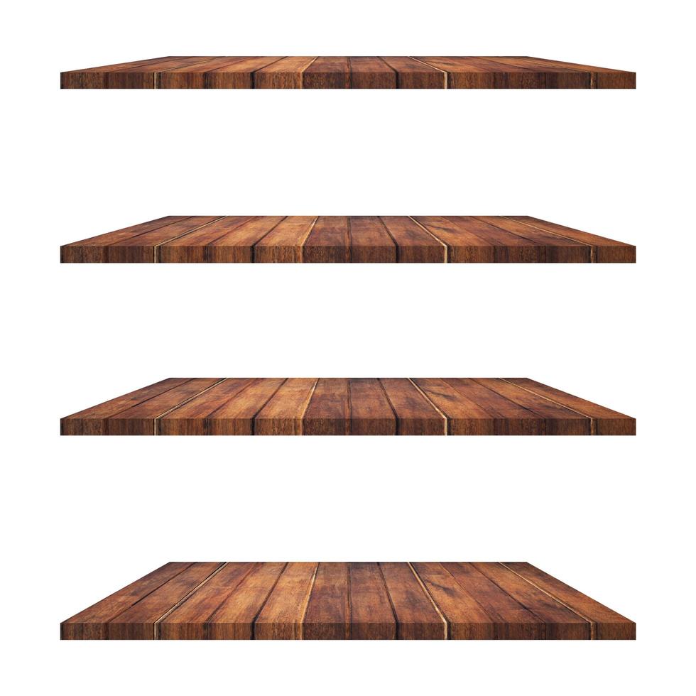 4 Wood shelves table isolated on white background and display montage for product. photo