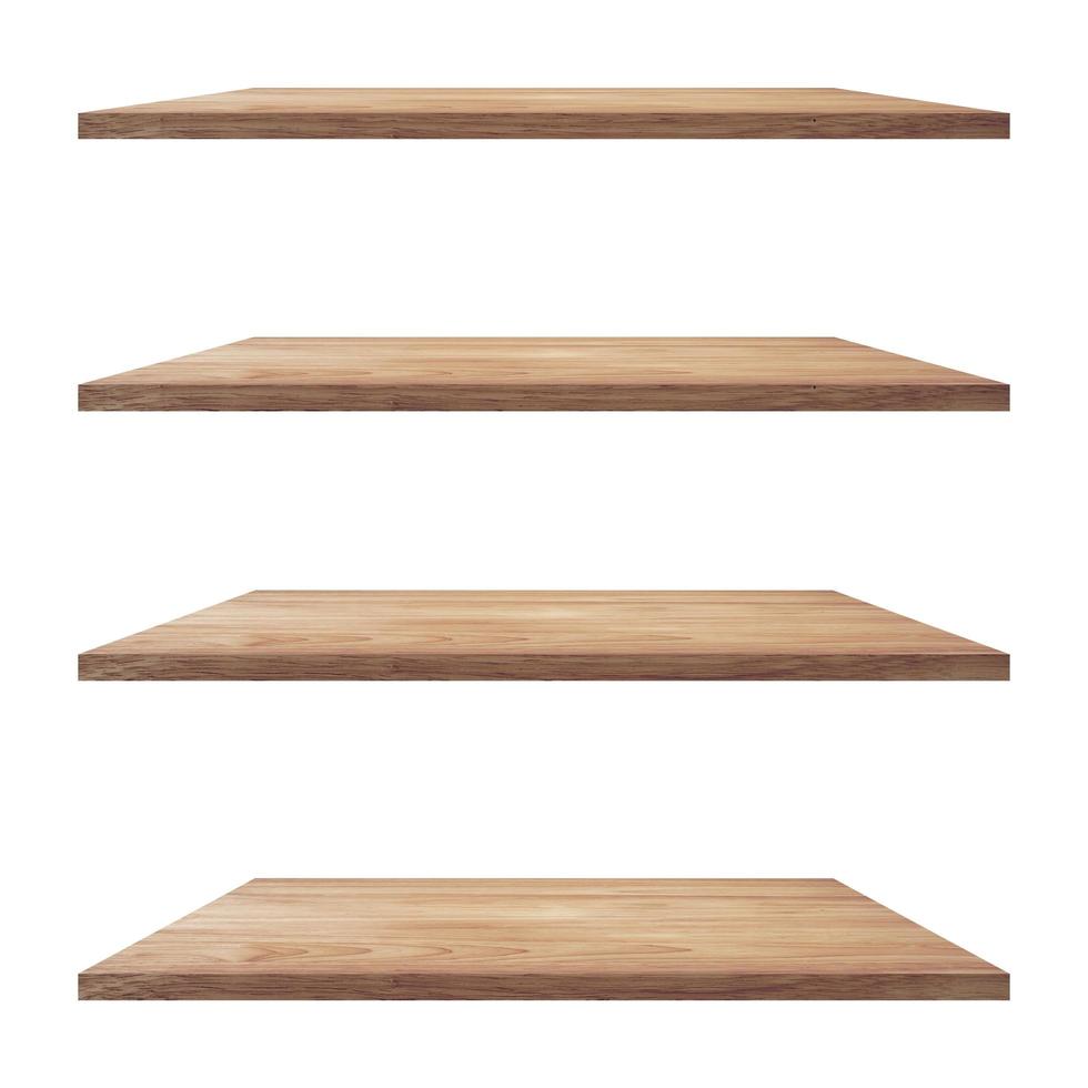 4 Wood shelves table isolated on white background and display montage