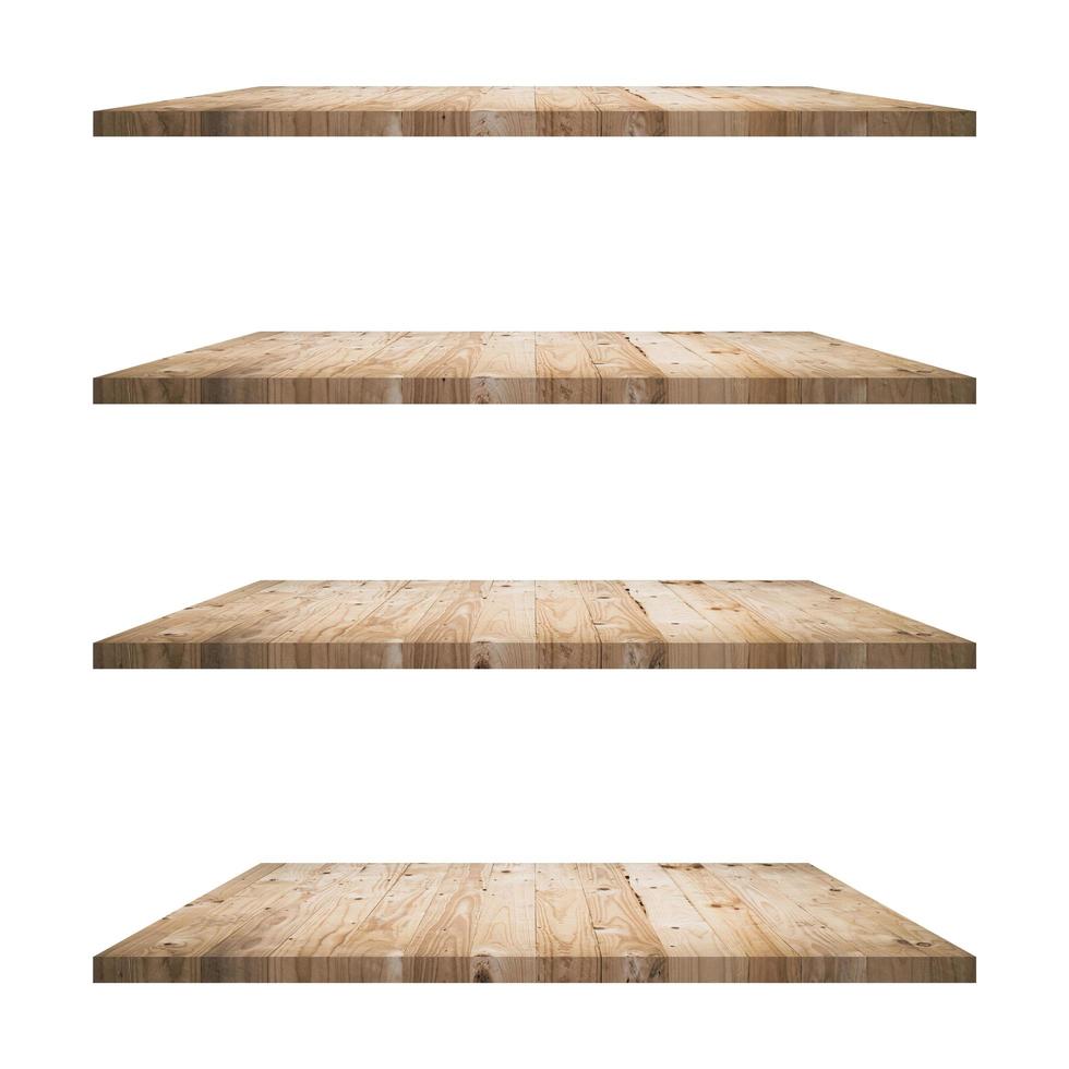 4 Wood shelves table isolated on white background and display montage for product. photo