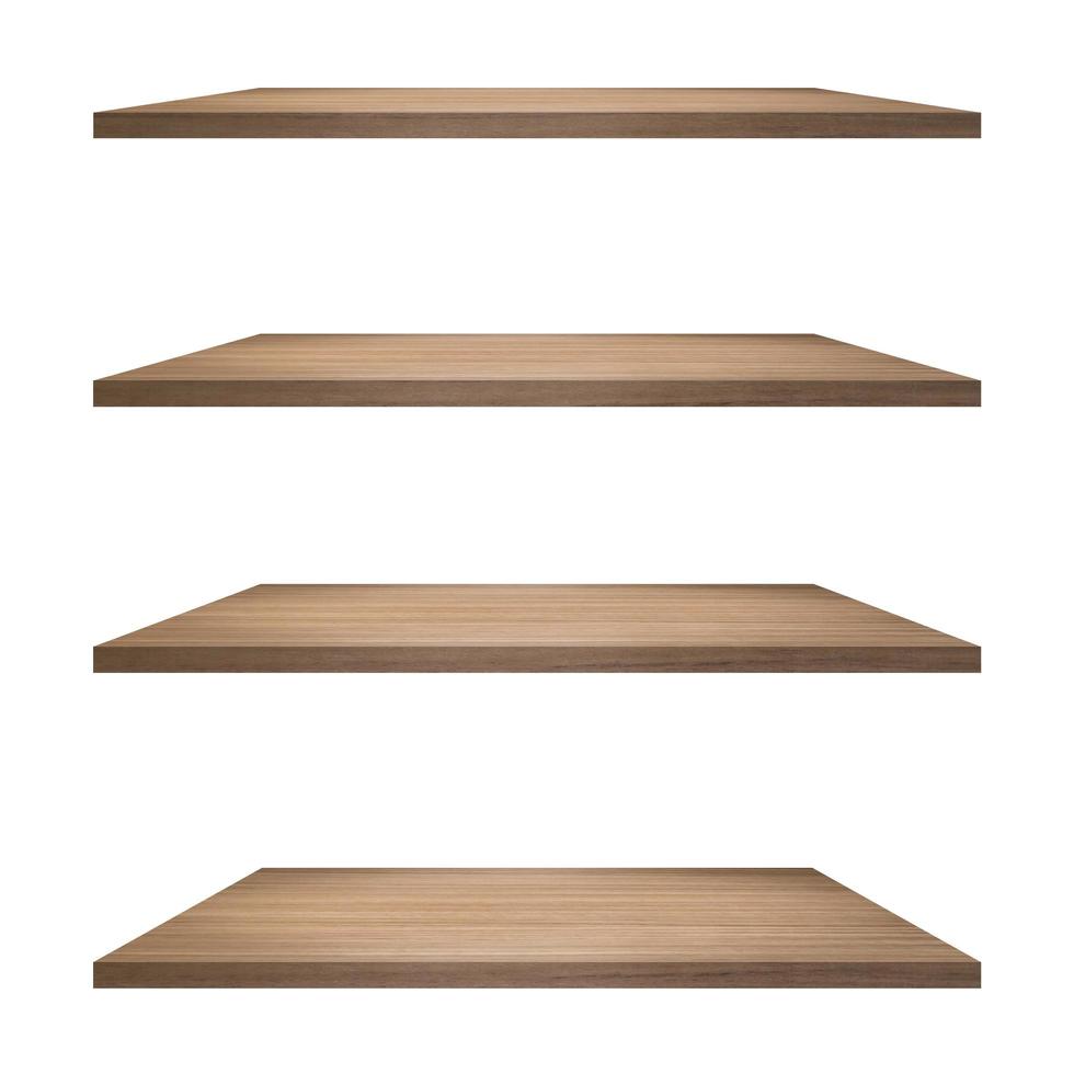 4 Wood shelves table isolated on white background and display montage for product. photo