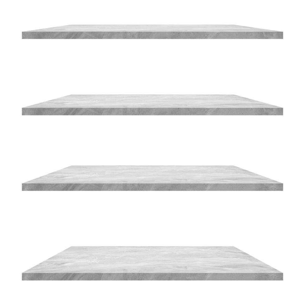 4 concrete shelves table isolated on white background and display montage for product. photo