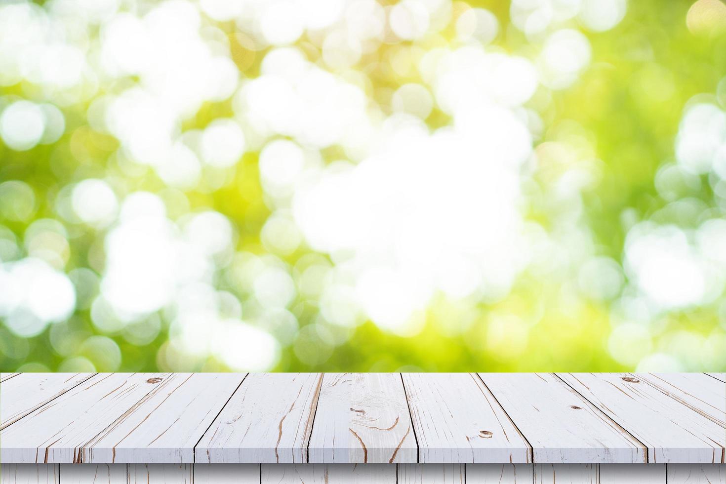 abstract blurred garden and green leaf with wooden table counter background for show , promote ,design on display concept photo