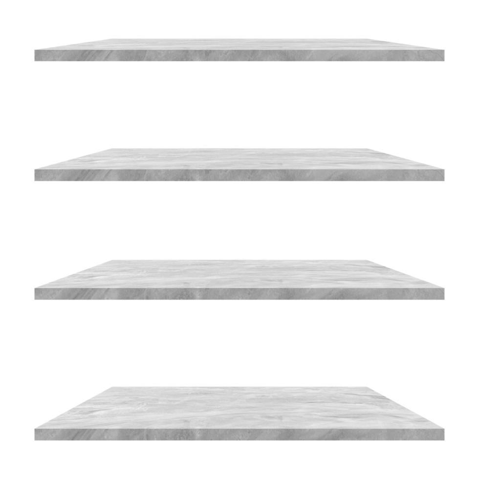 4 concrete shelves table isolated on white background and display montage for product. photo