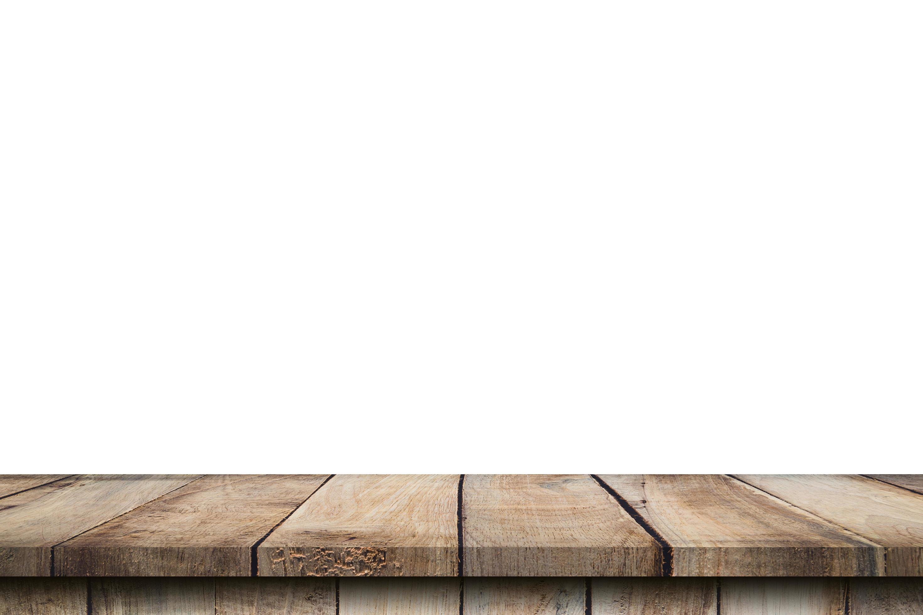 Empty wood table on isolate white background and display montage with