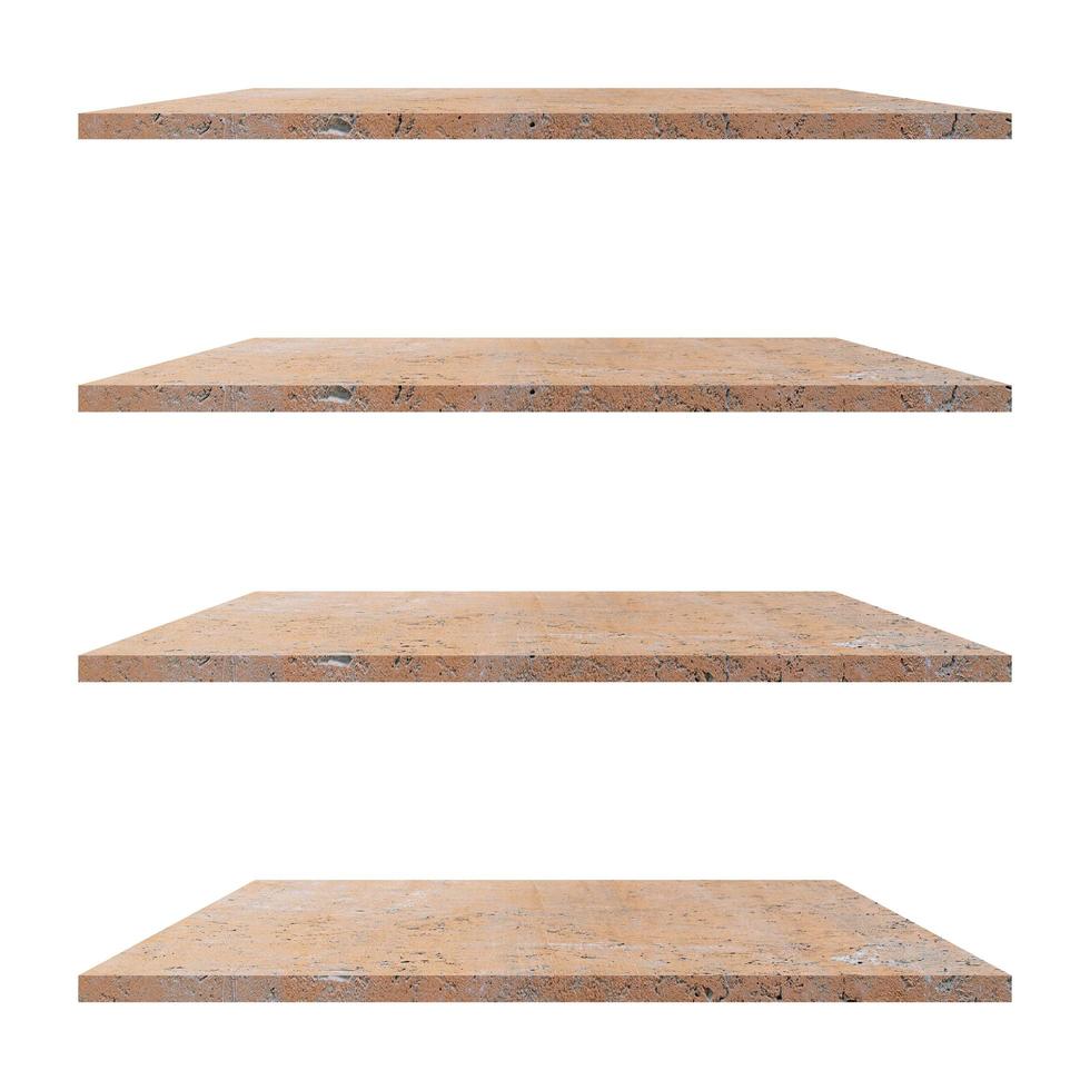 4 concrete shelves table isolated on white background and display montage for product. photo