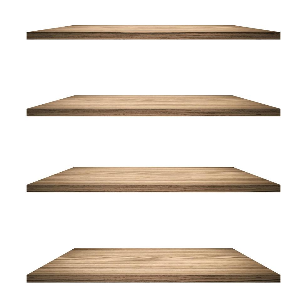 4 Wood shelves table isolated on white background and display montage for product. photo