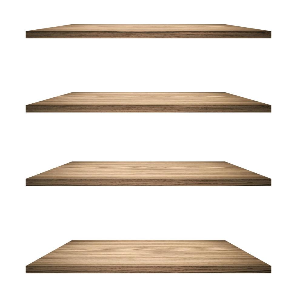 4 Wood shelves table isolated on white background and display montage for product. photo