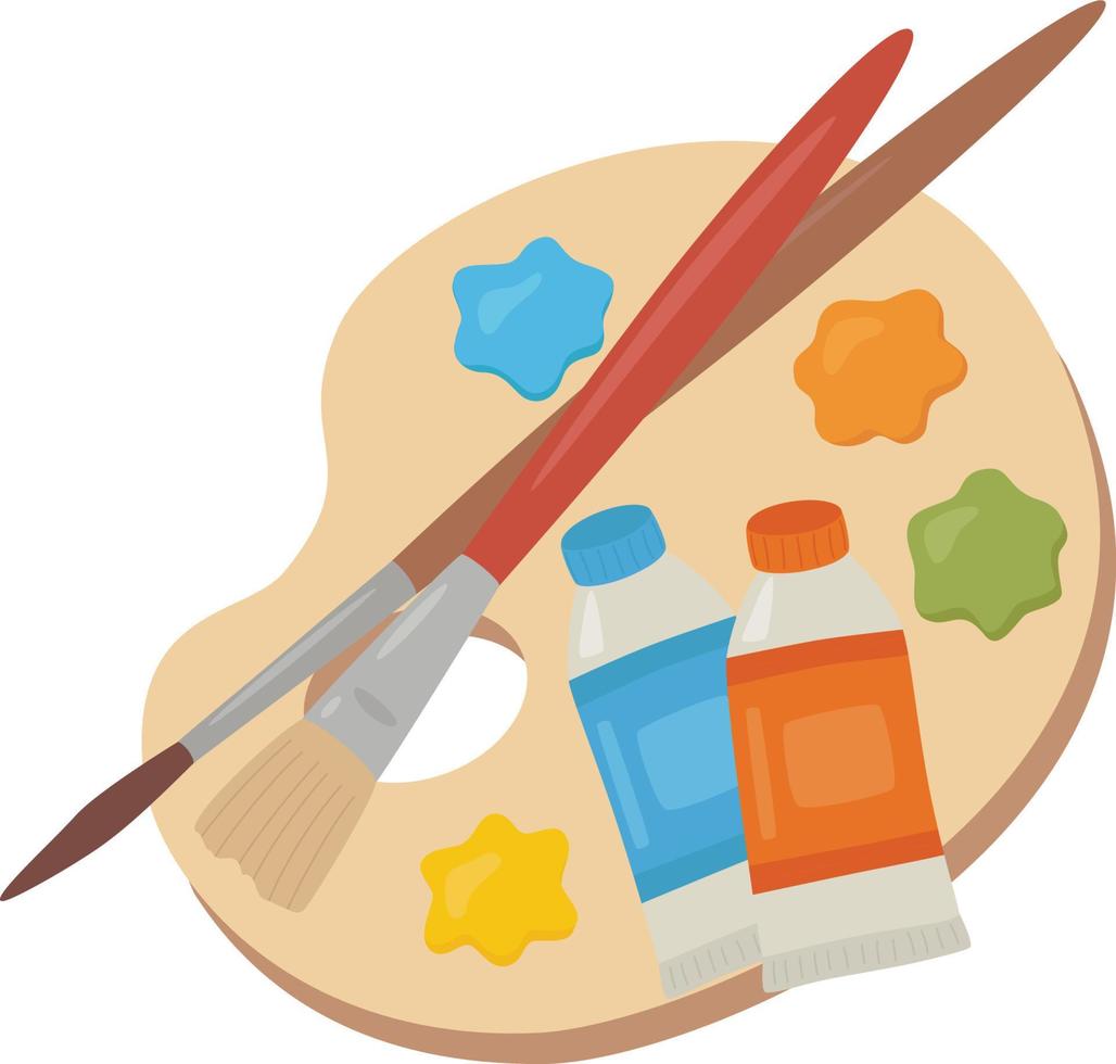 Wooden palette with paints and brushes. vector