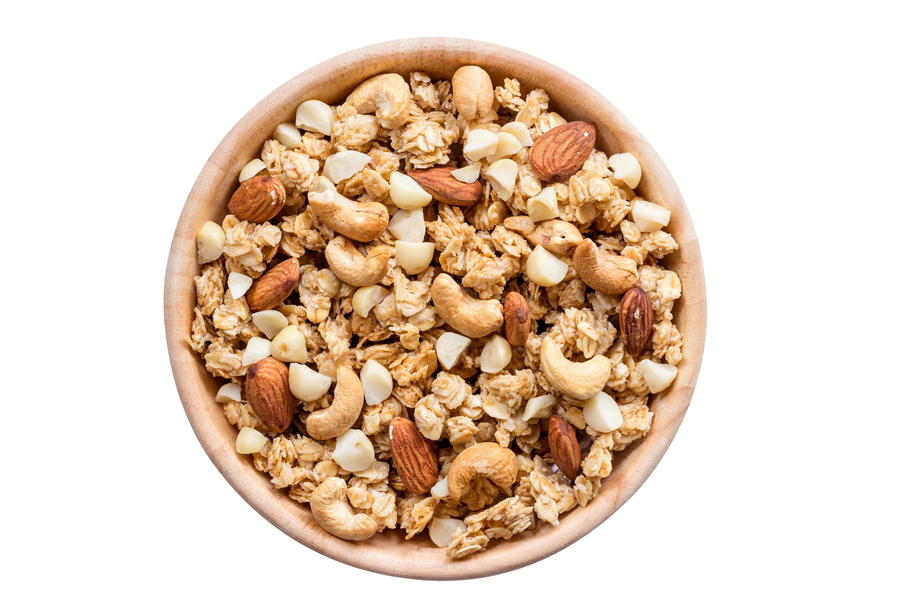 Close up top view granola in the bowl on isolated with clipping path. 20701467 Stock Photo at