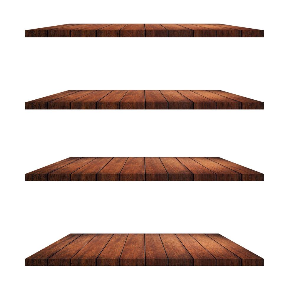 4 Wood shelves table isolated on white background and display montage for product. photo